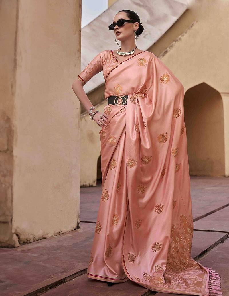 peach woven design zari saree