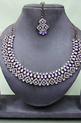 Purple color yellow gold plating festive wear designer necklace set