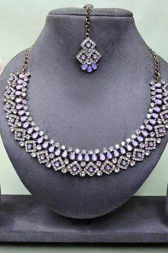 Purple color yellow gold plating festive wear designer necklace set