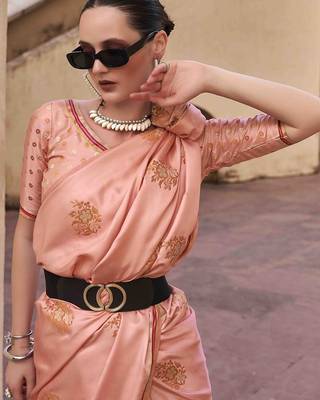 peach woven design zari saree 2