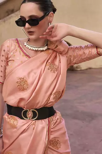 peach woven design zari saree