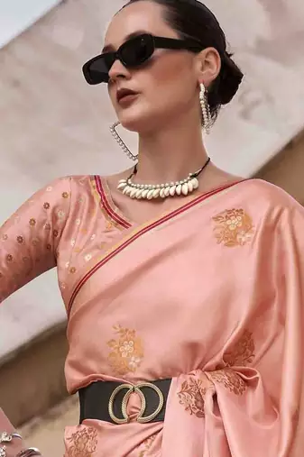 peach woven design zari saree
