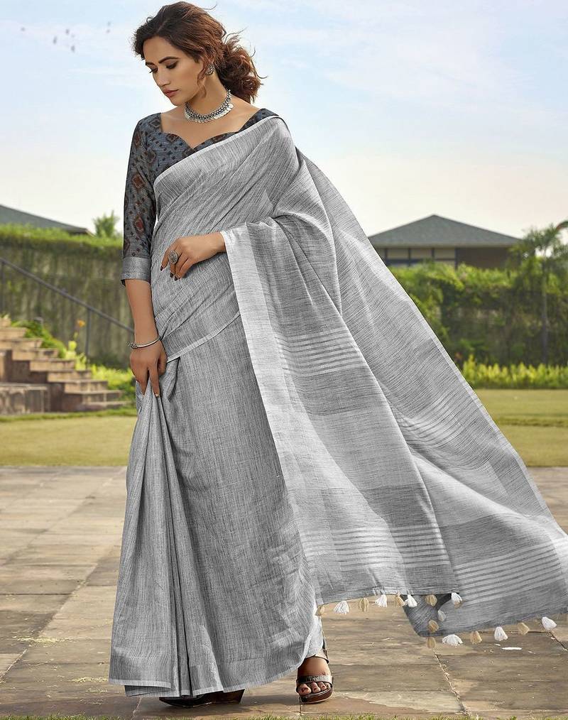 grey zari handloom woven design saree