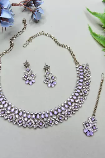 Purple color yellow gold plating festive wear designer necklace set