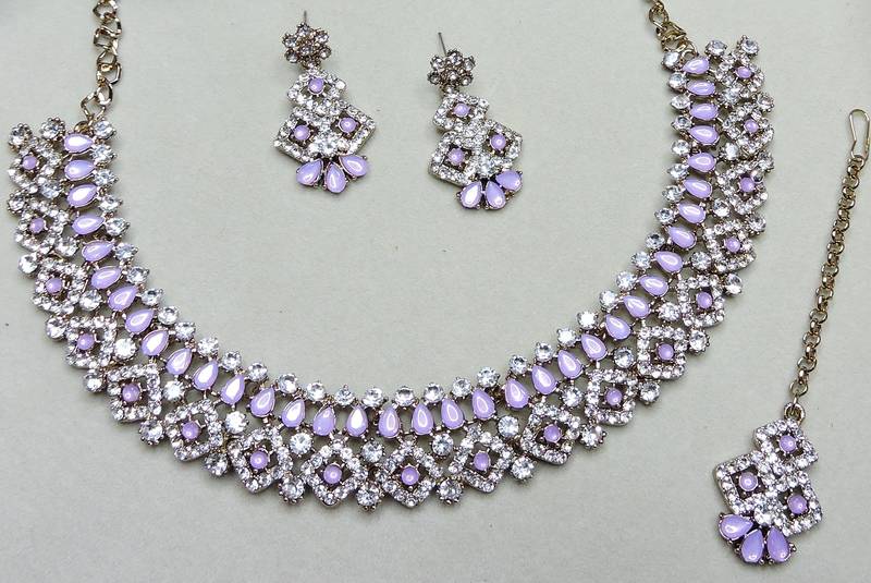 Purple color yellow gold plating festive wear designer necklace set