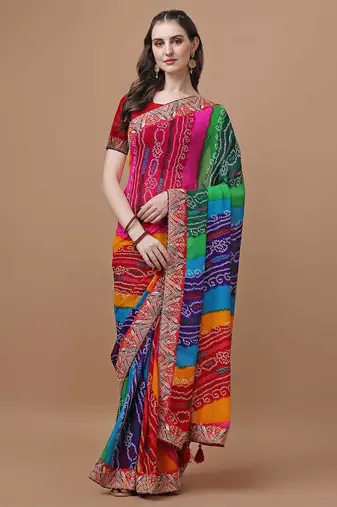 red bandhani printed embroidered bandhani saree