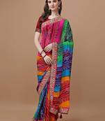 red bandhani printed embroidered bandhani saree