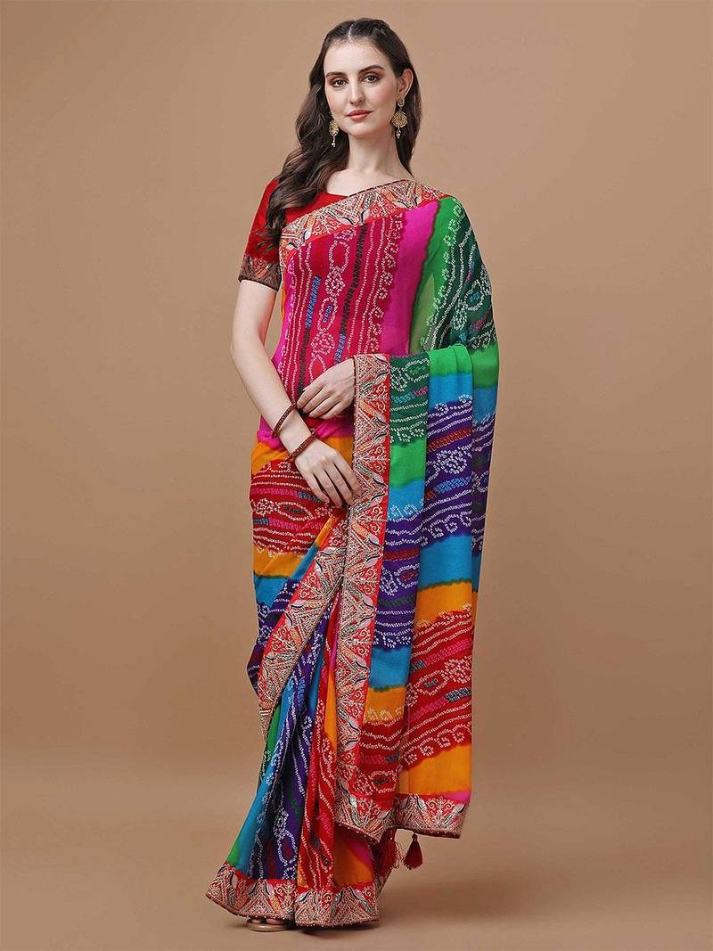 red bandhani printed embroidered bandhani saree