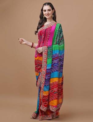 red bandhani printed embroidered bandhani saree 2