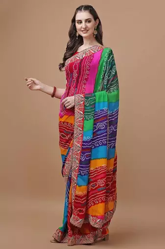 red bandhani printed embroidered bandhani saree