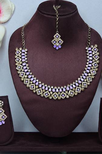 Purple color yellow gold plating festive wear designer necklace set
