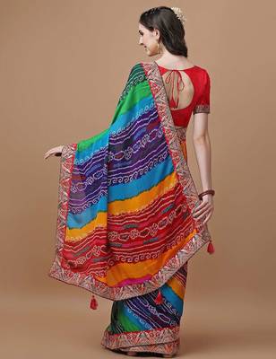 red bandhani printed embroidered bandhani saree 3
