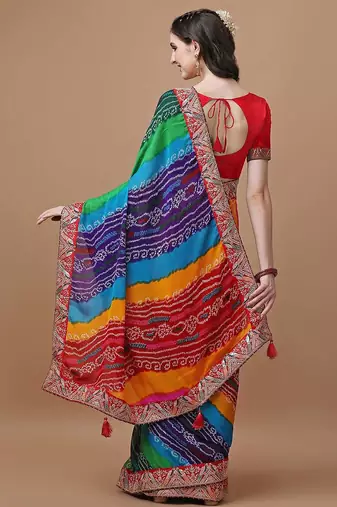 red bandhani printed embroidered bandhani saree