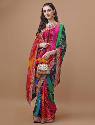 red bandhani printed embroidered bandhani saree 4