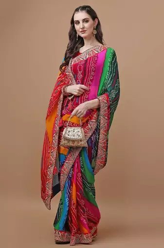 red bandhani printed embroidered bandhani saree