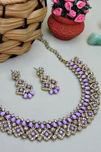 Purple color yellow gold plating festive wear designer necklace set