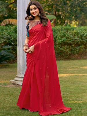 red embellished sequinned saree 1