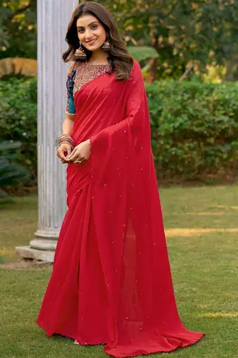 red embellished sequinned saree