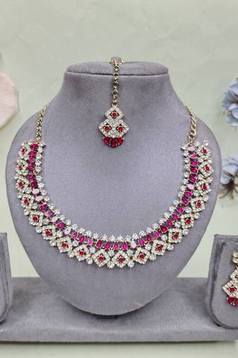 Pink color yellow gold plating festive wear designer necklace set