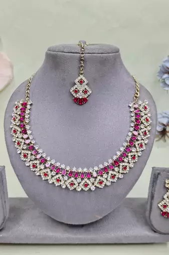 Pink color yellow gold plating festive wear designer necklace set