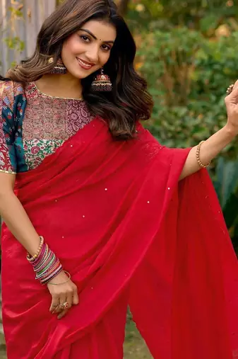 red embellished sequinned saree