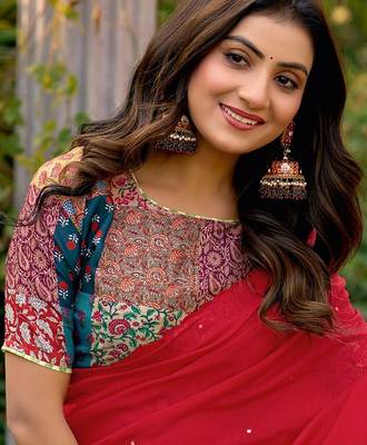 red embellished sequinned saree 3