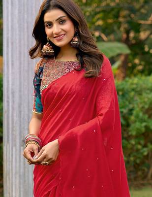 red embellished sequinned saree 4