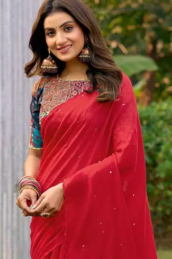 red embellished sequinned saree