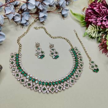 Green color yellow gold plating festive wear designer necklace set 2