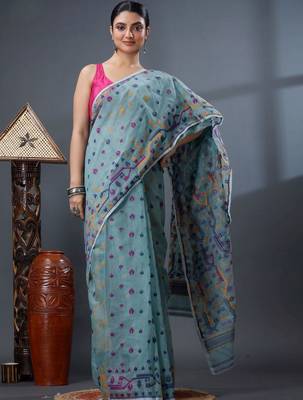 sea_green ethnic motifs silk cotton handloom jamdani saree 1