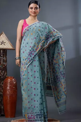 sea_green ethnic motifs silk cotton handloom jamdani saree
