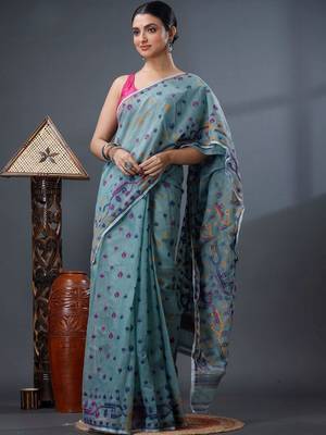 sea_green ethnic motifs silk cotton handloom jamdani saree 2