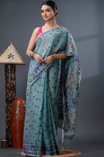 sea_green ethnic motifs silk cotton handloom jamdani saree