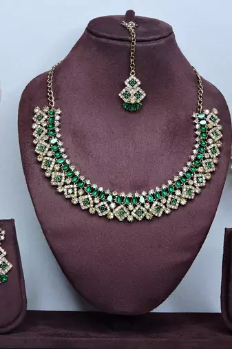 Green color yellow gold plating festive wear designer necklace set