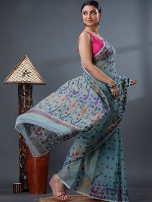 sea_green ethnic motifs silk cotton handloom jamdani saree 3