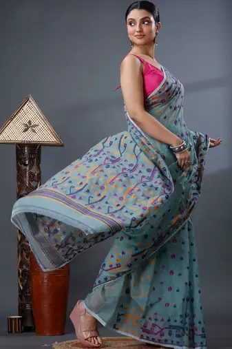 sea_green ethnic motifs silk cotton handloom jamdani saree
