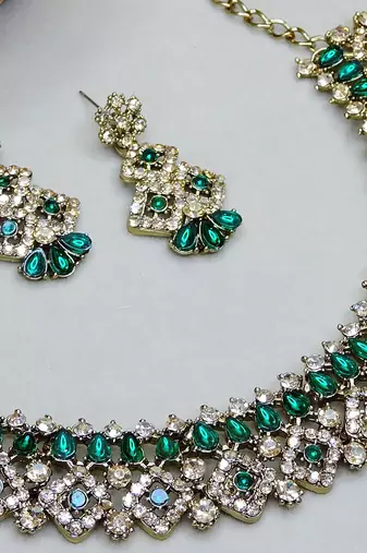 Green color yellow gold plating festive wear designer necklace set