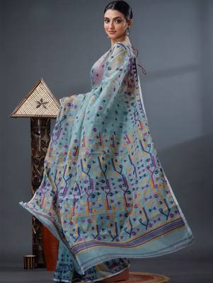 sea_green ethnic motifs silk cotton handloom jamdani saree 4