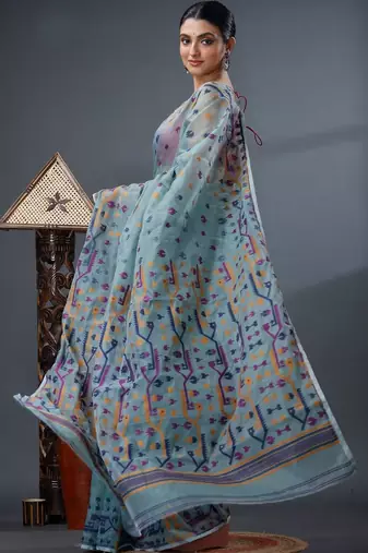 sea_green ethnic motifs silk cotton handloom jamdani saree