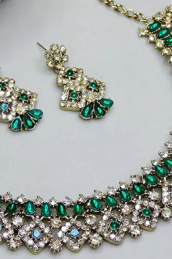 Green color yellow gold plating festive wear designer necklace set