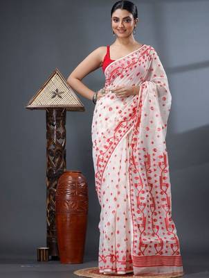 white ethnic motifs silk cotton handloom jamdani saree 1