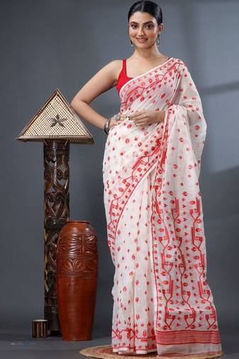 white ethnic motifs silk cotton handloom jamdani saree