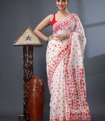 white ethnic motifs silk cotton handloom jamdani saree