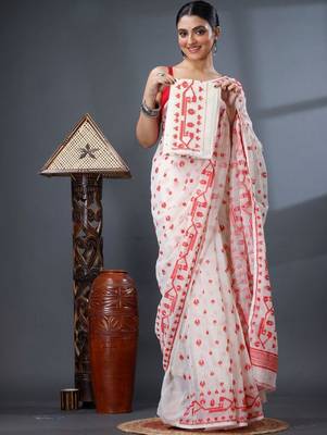 white ethnic motifs silk cotton handloom jamdani saree 2