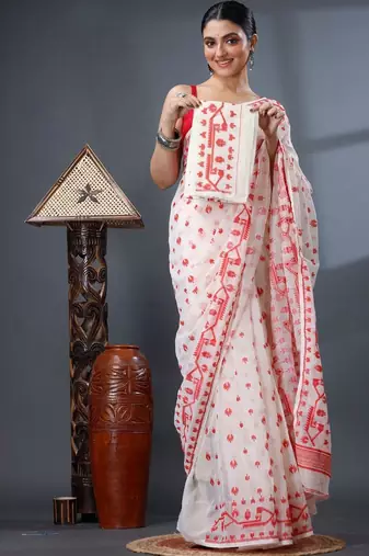 white ethnic motifs silk cotton handloom jamdani saree