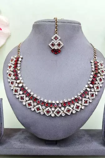 Maroon color yellow gold plating festive wear designer necklace set