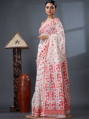 white ethnic motifs silk cotton handloom jamdani saree 3