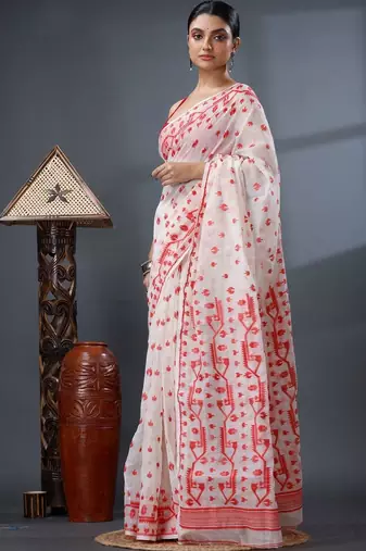 white ethnic motifs silk cotton handloom jamdani saree