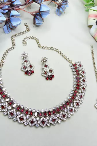 Maroon color yellow gold plating festive wear designer necklace set