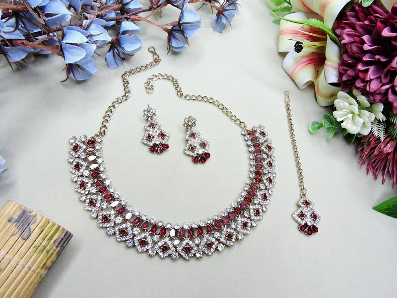 Maroon color yellow gold plating festive wear designer necklace set